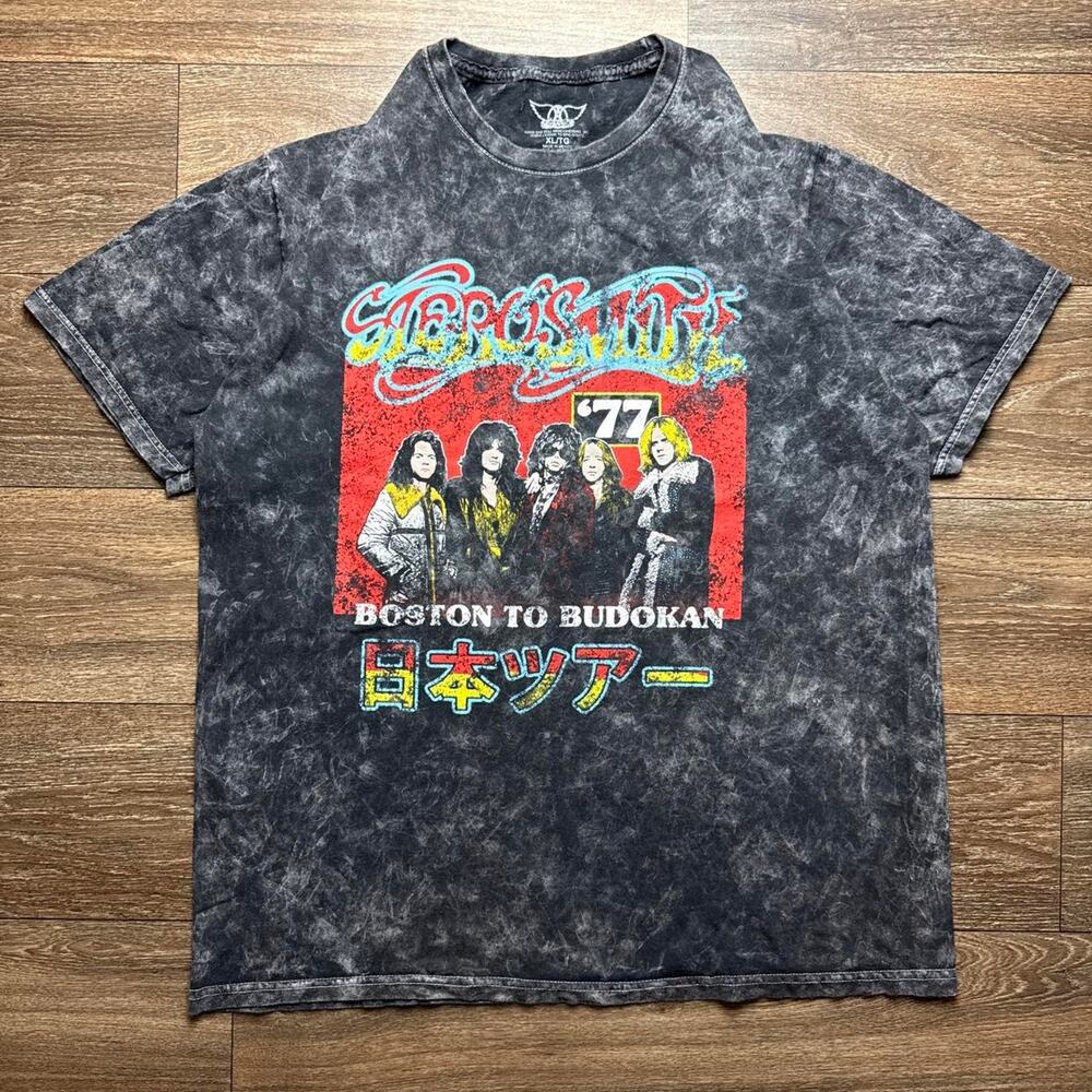 Black & Grey Acid Wash Aerosmith Boston to Budokan Japan Tour Graphic Tee